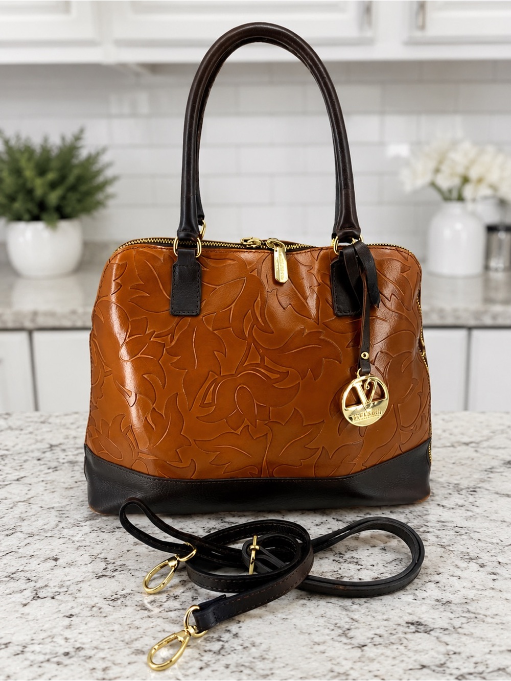 Valentina Italy Embossed Brown Floral Leather Crossbody Shoulder Bag